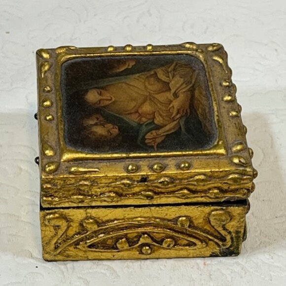 VTG Italian Florentine Mini Wooden Trinket Box Madonna & Child Hinged 2.5" - Picture 6 of 16